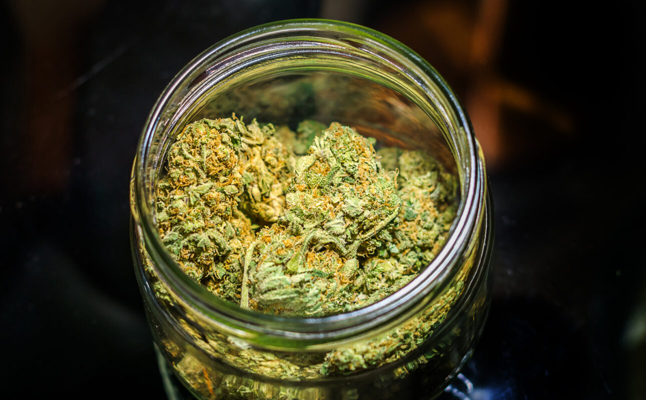 Cannabis flower buds in glass jar against dark background, chiaroscuro effect
